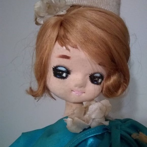 Rare 60's Retro Mod MCM Beautiful Big Eye Doll, Blue Satin Dress, Pillbox Hat - Picture 1 of 9